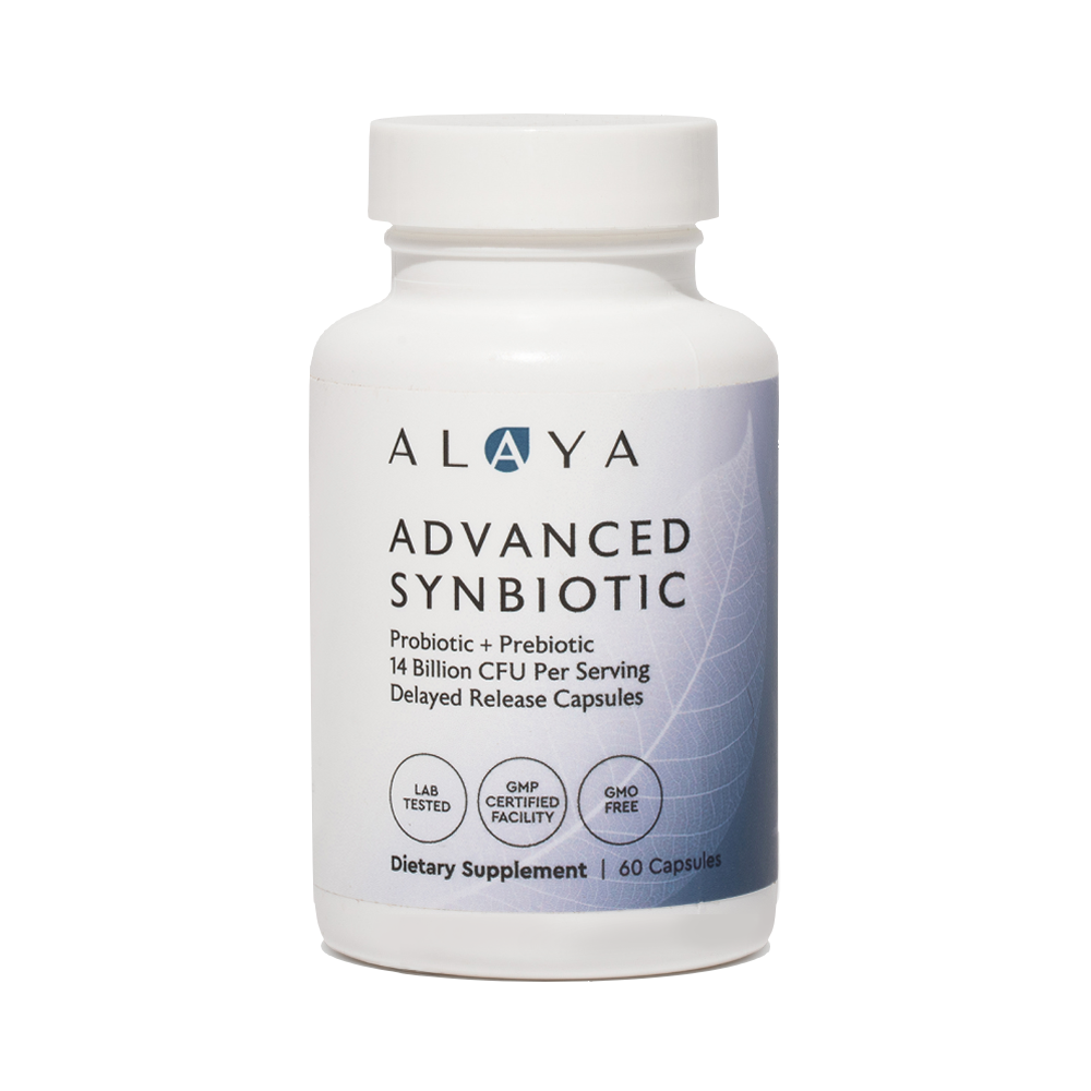 Alaya Advanced Synbiotic supplement bottle on a white background #hide