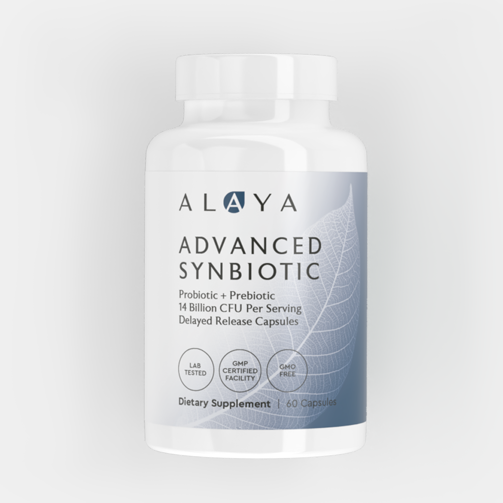 Alaya Advanced Synbiotic probiotic supplement bottle with leaf design.