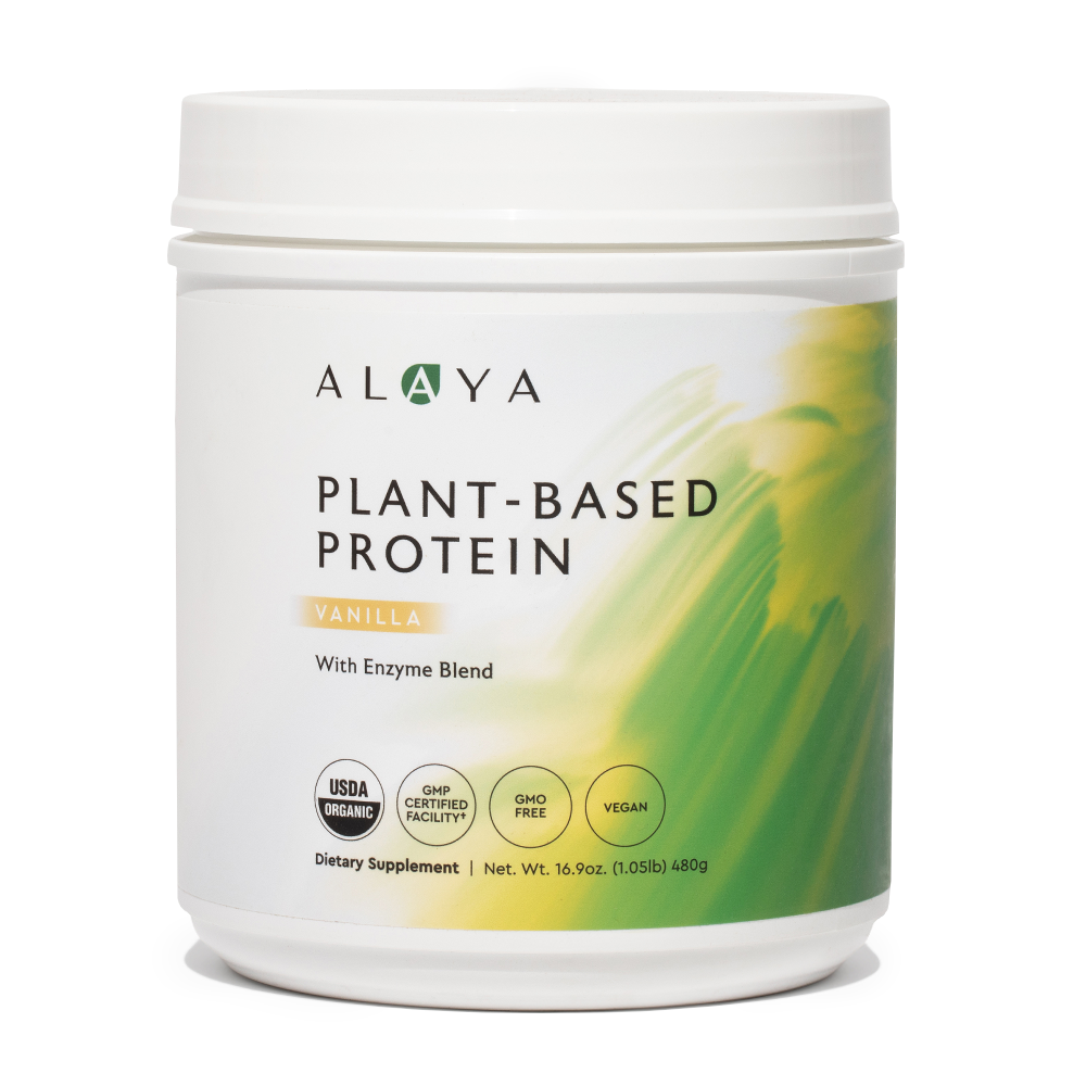 Alaya Plant Based Protein supplement bottle on a white background #hide