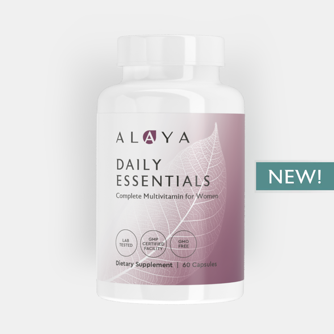 Bottle of Alaya Daily Essentials multivitamins for women with 'NEW!' label.