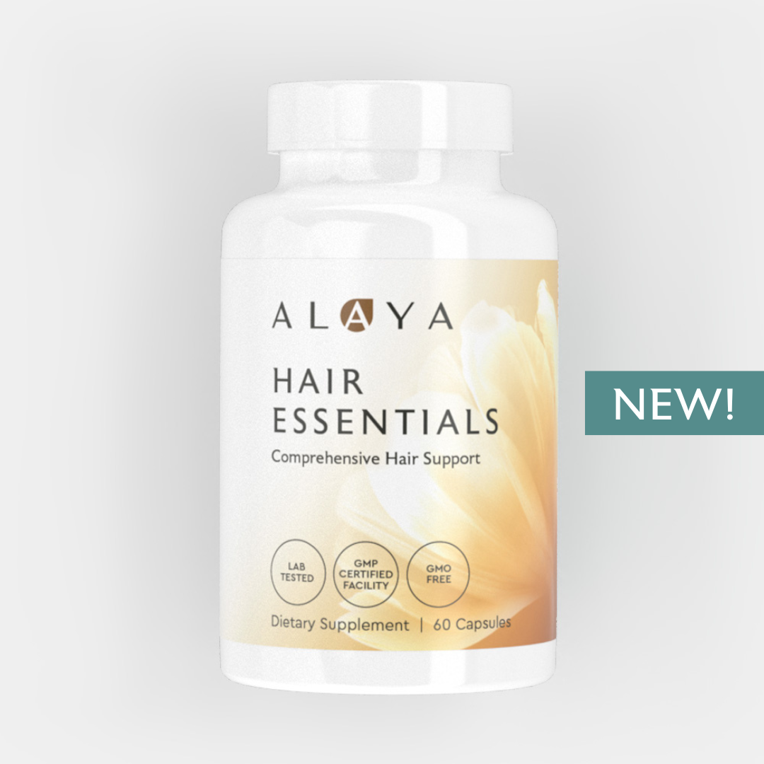 Supplement bottle labeled 'Hair Essentials' with a 'NEW!' tag.