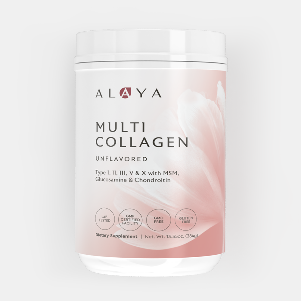 Container of Alaya Multi Collagen dietary supplement, unflavored.