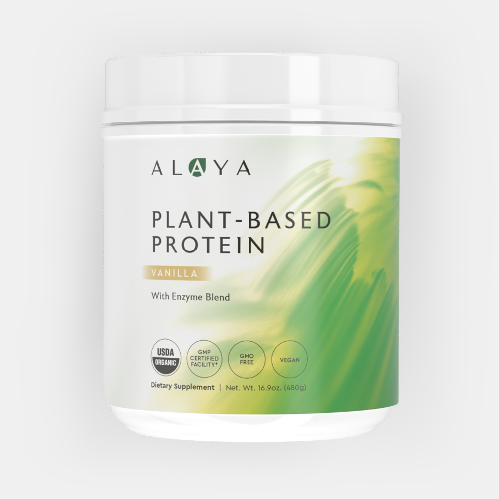 Container of Alaya plant-based protein powder, vanilla flavor, on a white background.