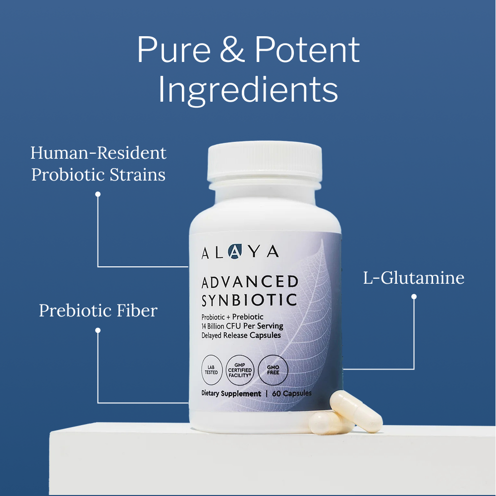 Alaya Advanced Synbiotic supplement bottle with text highlighting ingredients on a blue background