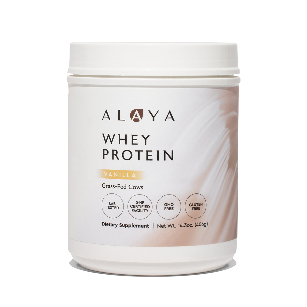 Alaya Grass Fed Whey Protein supplement bottle on a clear background #hide